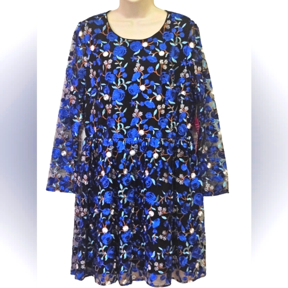 Belle Badgley Mischka Blue/Black Floral MultiColor Embroidered Dress,Size 14,NWT - Picture 13 of 15
